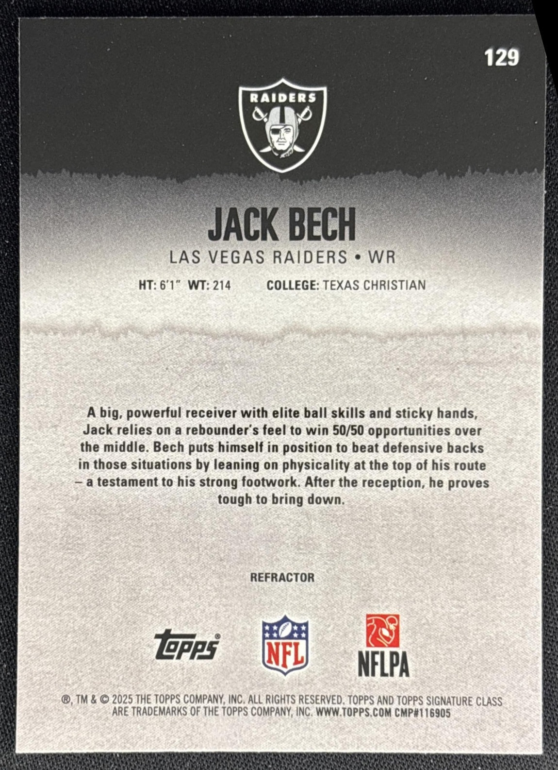 Jack Bech 2025 Topps Signature Class Chrome Rookie White Refractor Raiders Sports Trading Cards