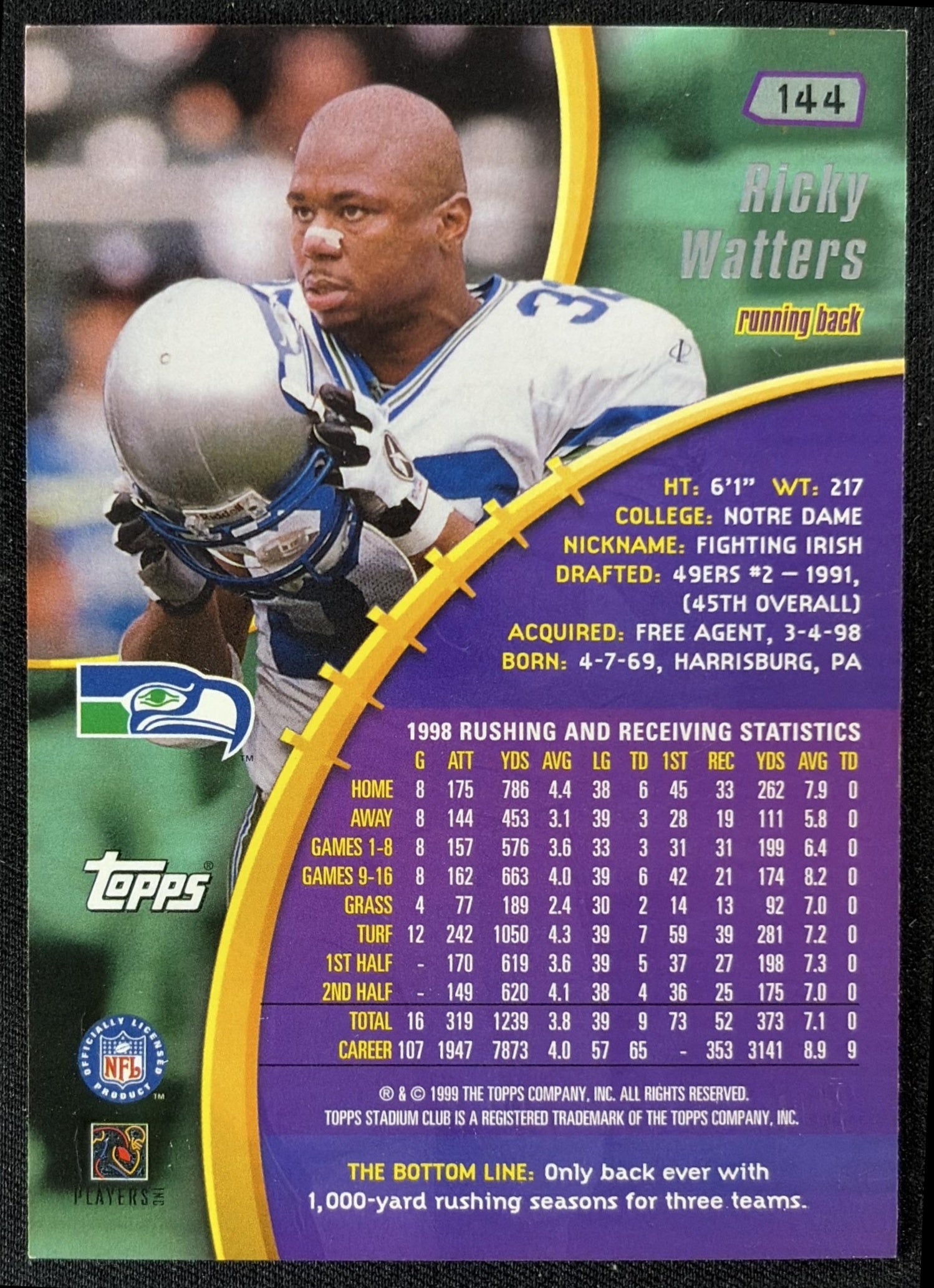 Ricky Watters 1999 Topps Stadium Club Seahawks