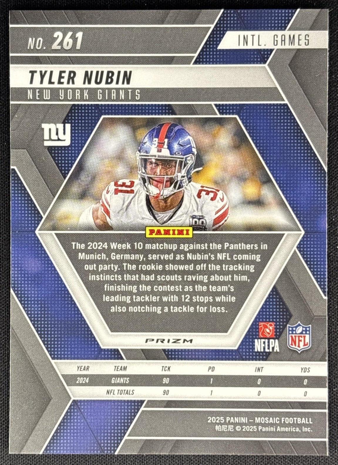 Tyler Nubin 2025 Panini Mosaic International Games Purple Scope Prizm Giants back