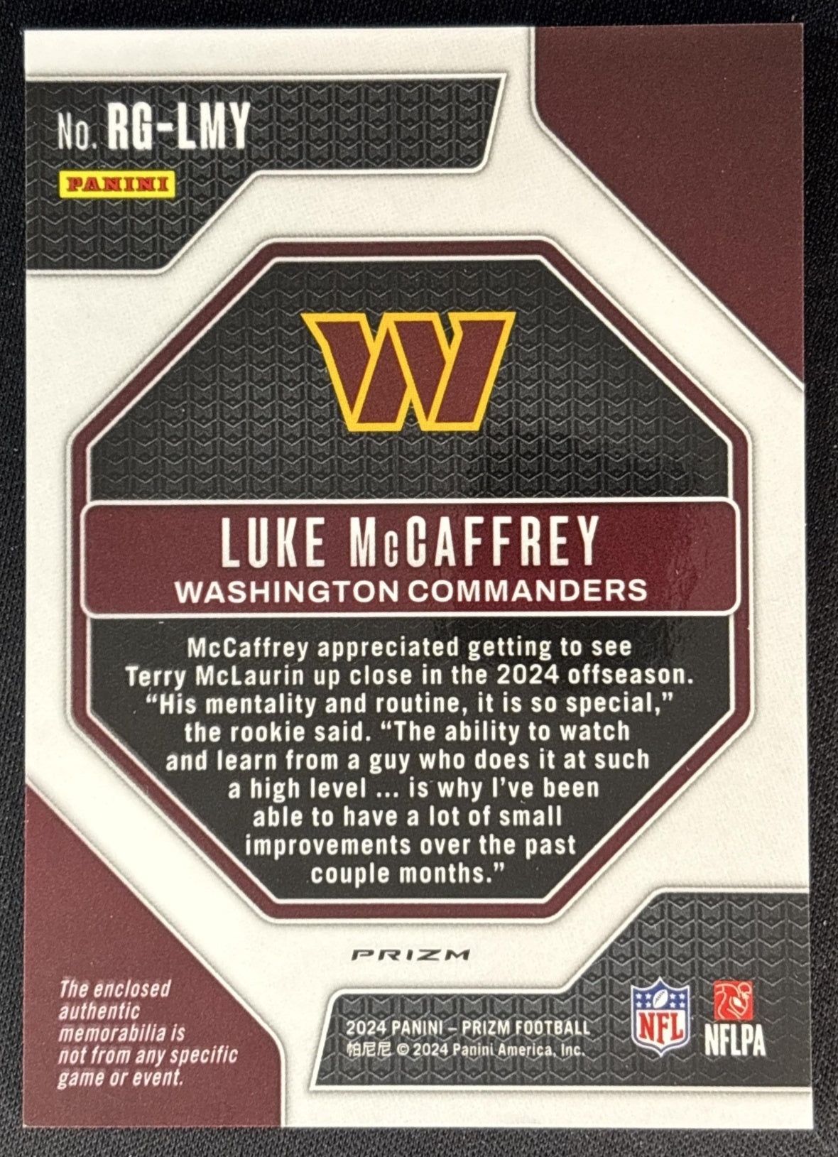 Luke McCaffrey 2024 Panini Prizm Rookie Gear Neon Green Pulsar Commanders