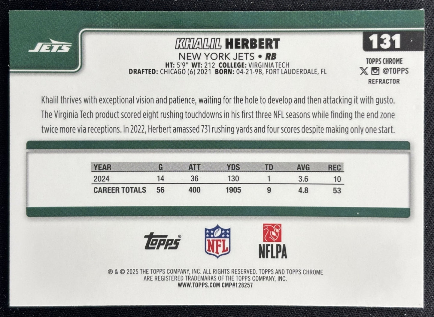Khalil Herbert 2025 Topps Chrome Refractor Jets Sports Trading Cards