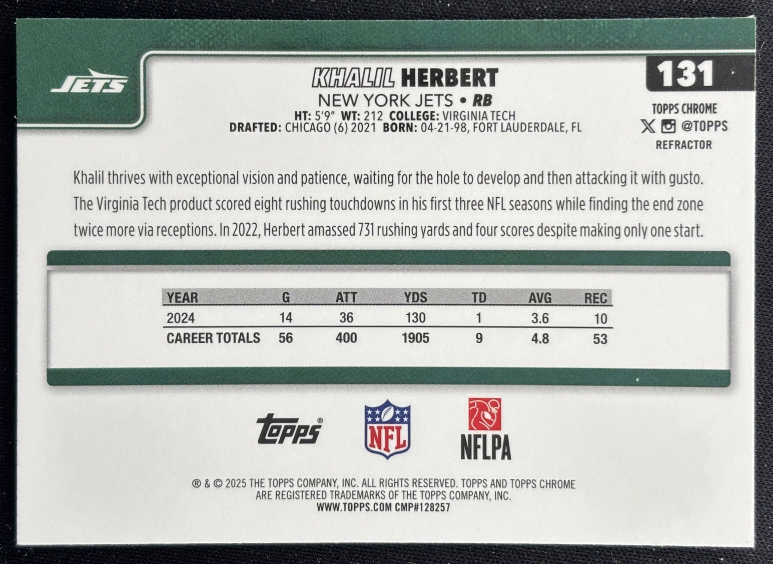 Khalil Herbert 2025 Topps Chrome Refractor Jets Sports Trading Cards