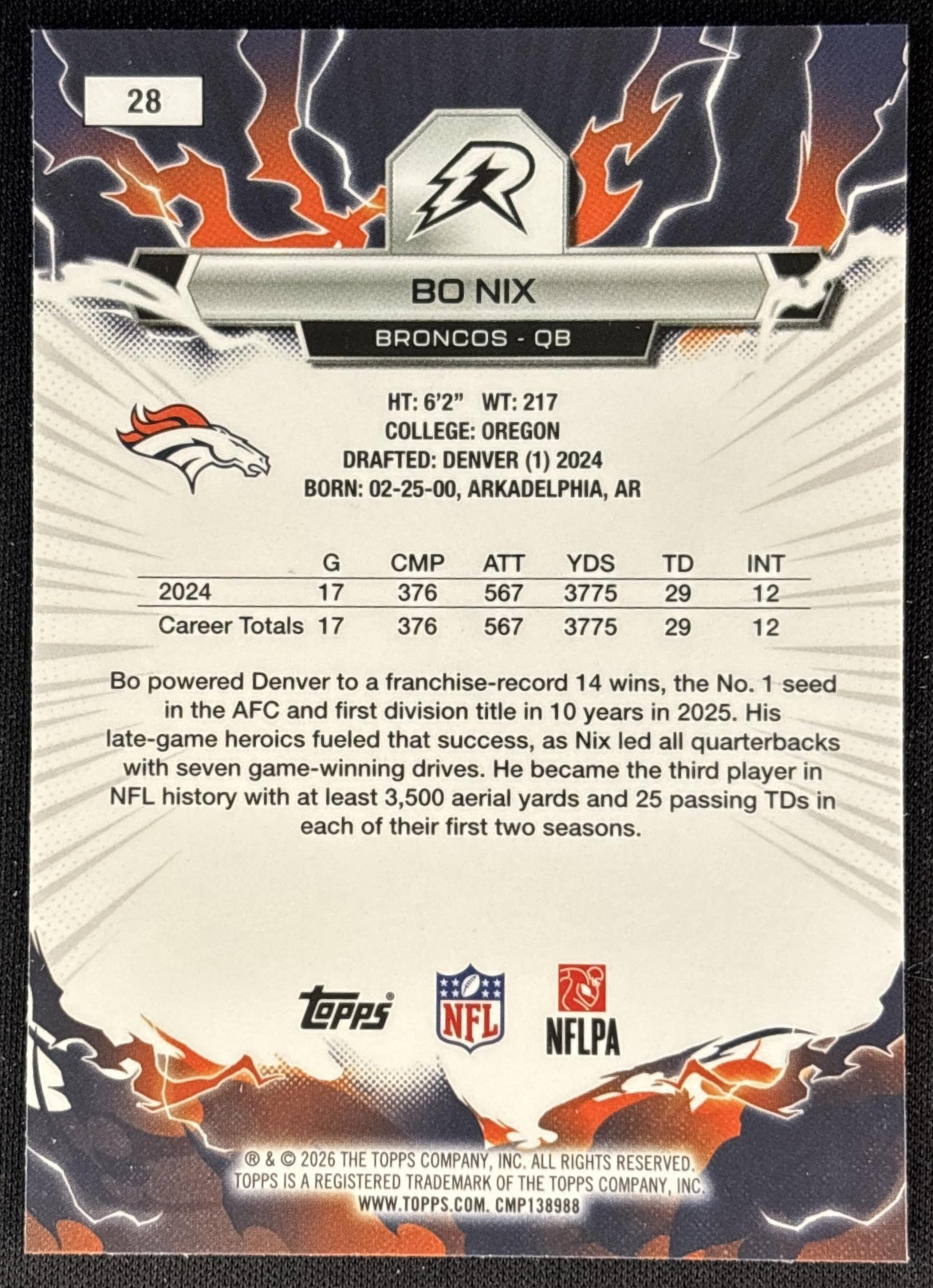 Bo Nix 2025 Topps Resurgence Broncos Denver Broncos back