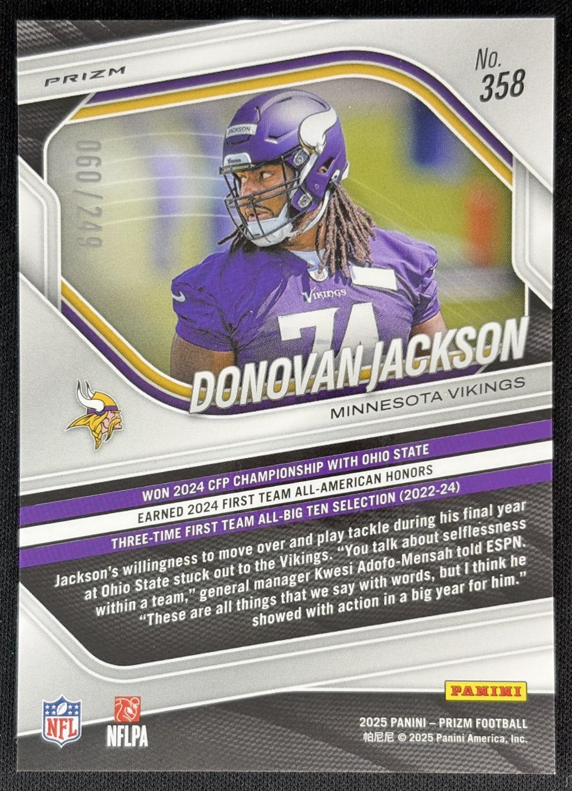 Donovan Jackson 2025 Panini Prizm Orange /249 Vikings Back