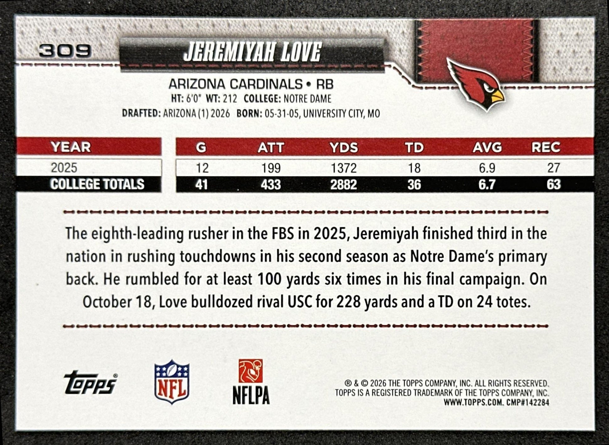 Jeremiyah Love 2026 Topps Flagship Rookie Cardinals Sports Trading Card