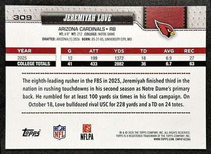 Jeremiyah Love 2026 Topps Flagship Rookie Cardinals Sports Trading Card