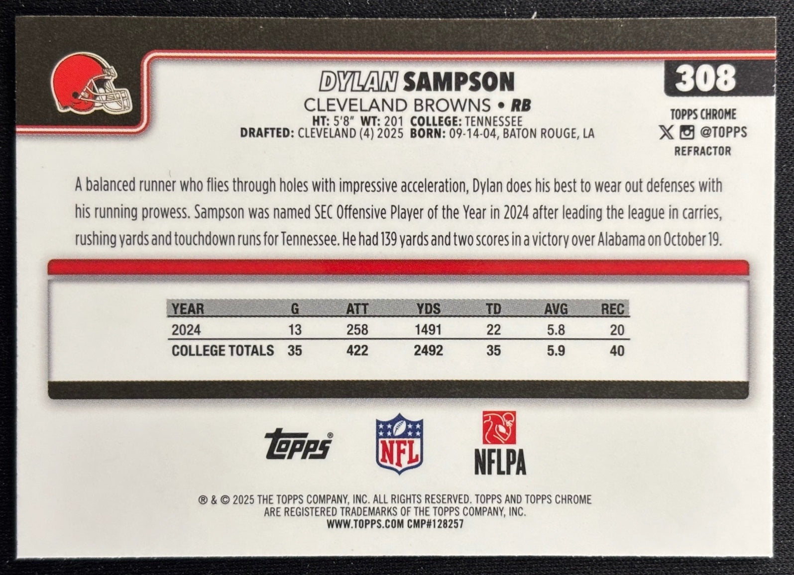 Dylan Sampson 2025 Topps Chrome Rookie Refractor Browns Sports Trading Cards