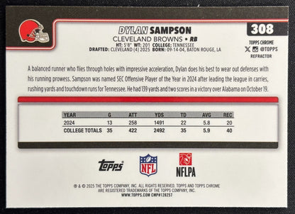Dylan Sampson 2025 Topps Chrome Rookie Refractor Browns Sports Trading Cards