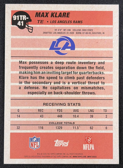 Max Klare 2026 Topps 1991 Rookie Crackle Foil Rams back
