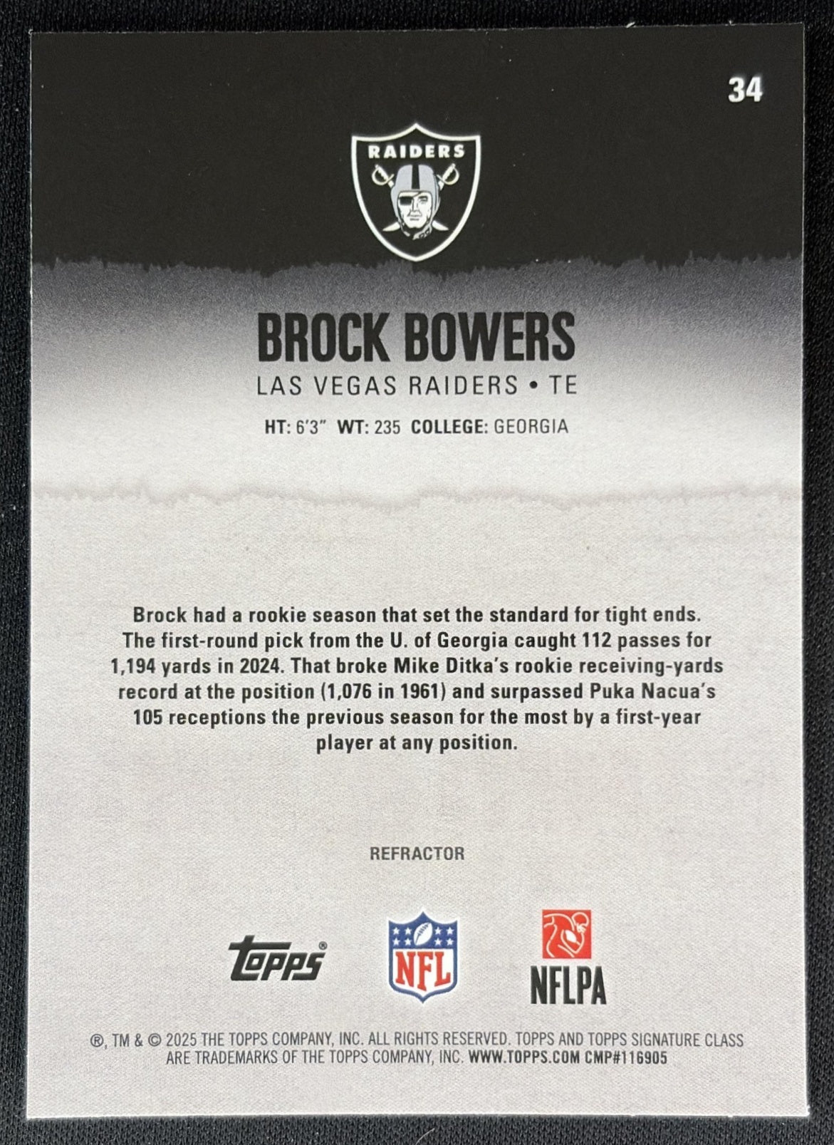 Brock Bowers 2025 Topps Signature Class Chrome Veteran White Refractor Raiders back