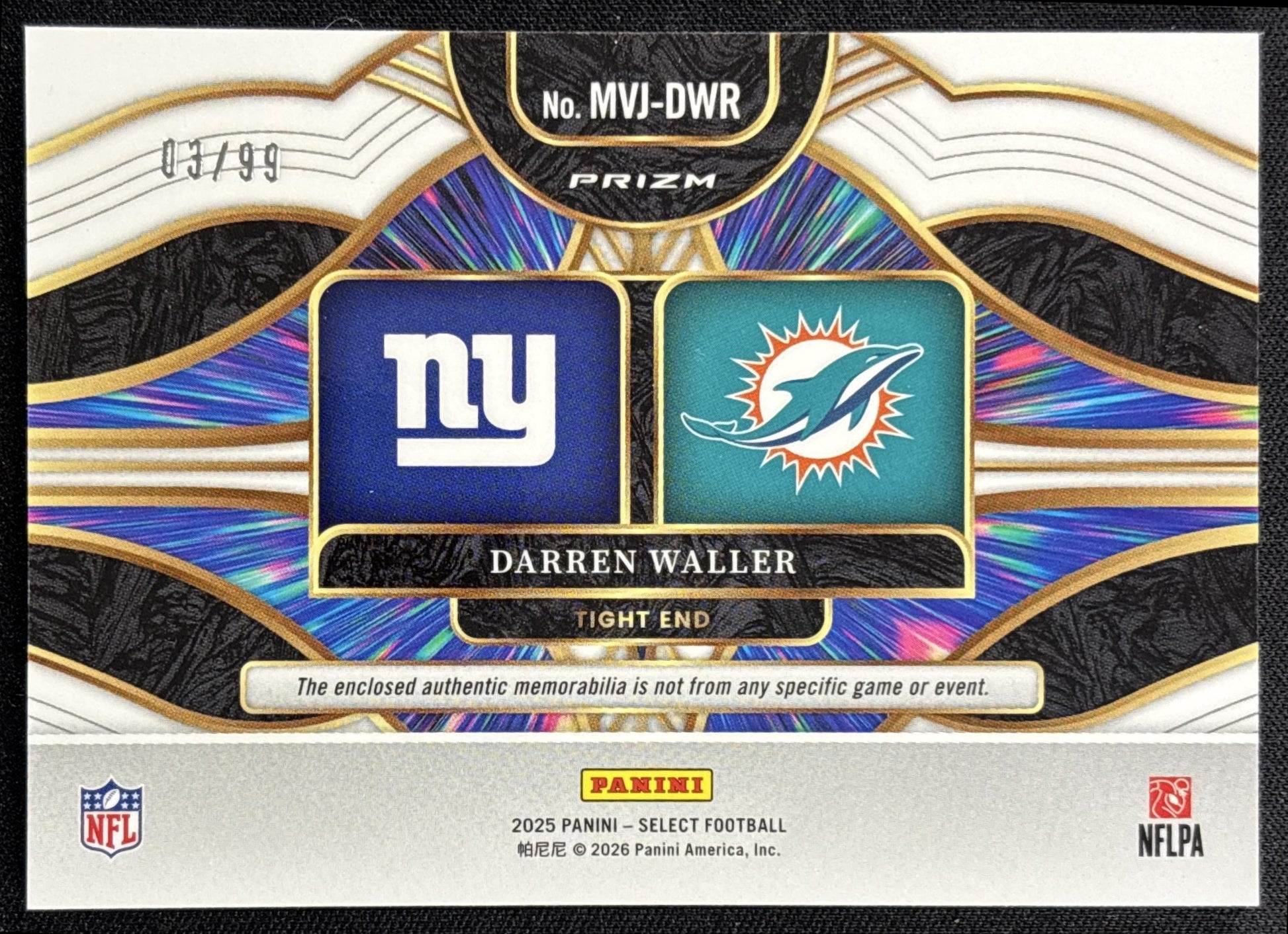 Darren Waller 2025 Panini Select Multiverse Jerseys White Prizm /99 Giants Dolphins - back