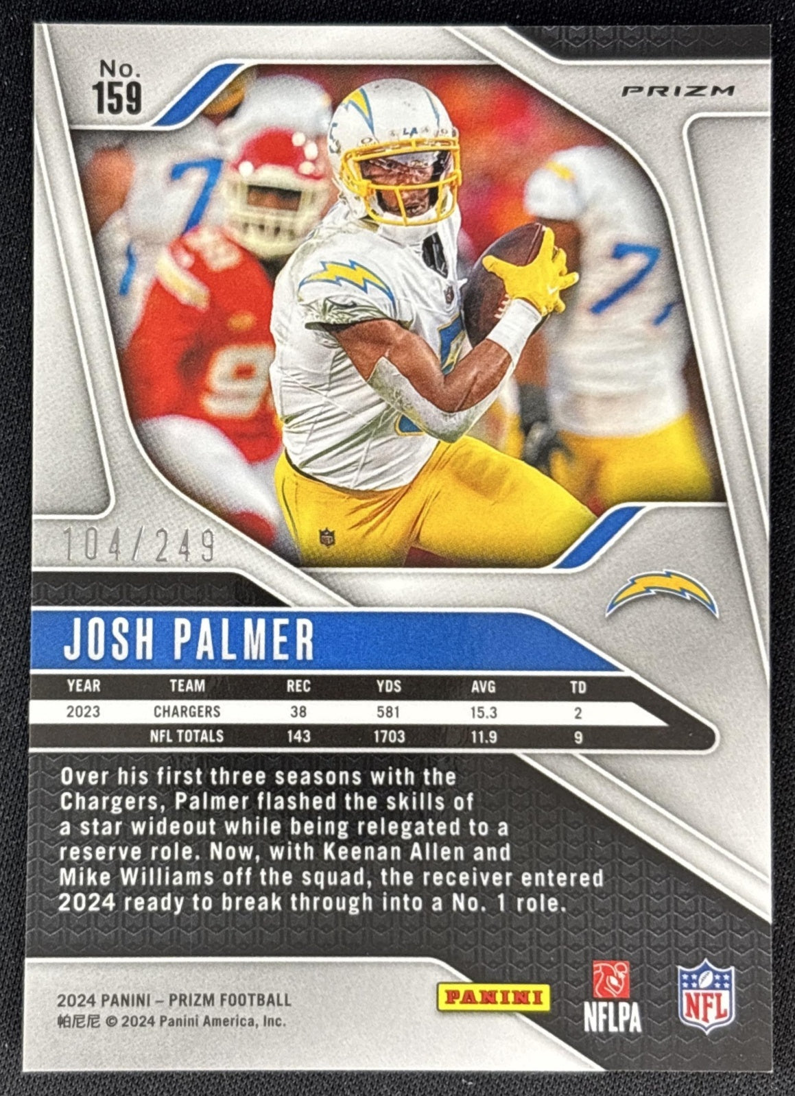 Josh Palmer 2024 Panini Prizm Orange /249 Chargers back