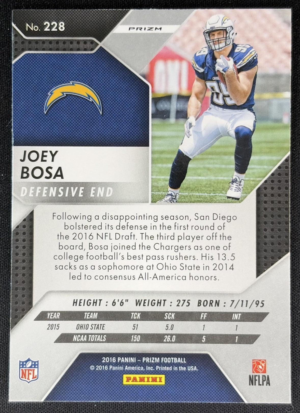 Joey Bosa 2016 Panini Prizm Red White & Blue Disco Chargers back