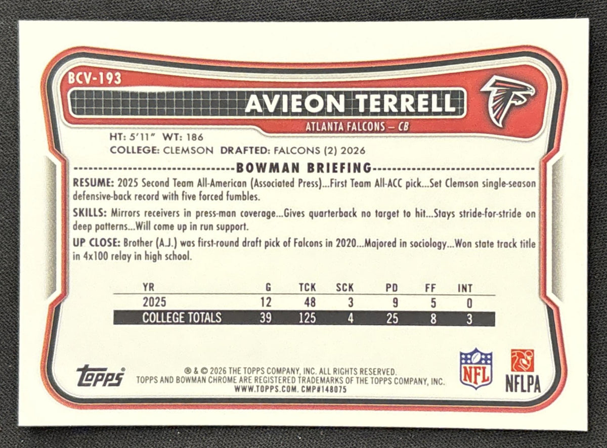Avieon Terrell 2026 Bowman Chrome NFL Mojo Refractor Falcons