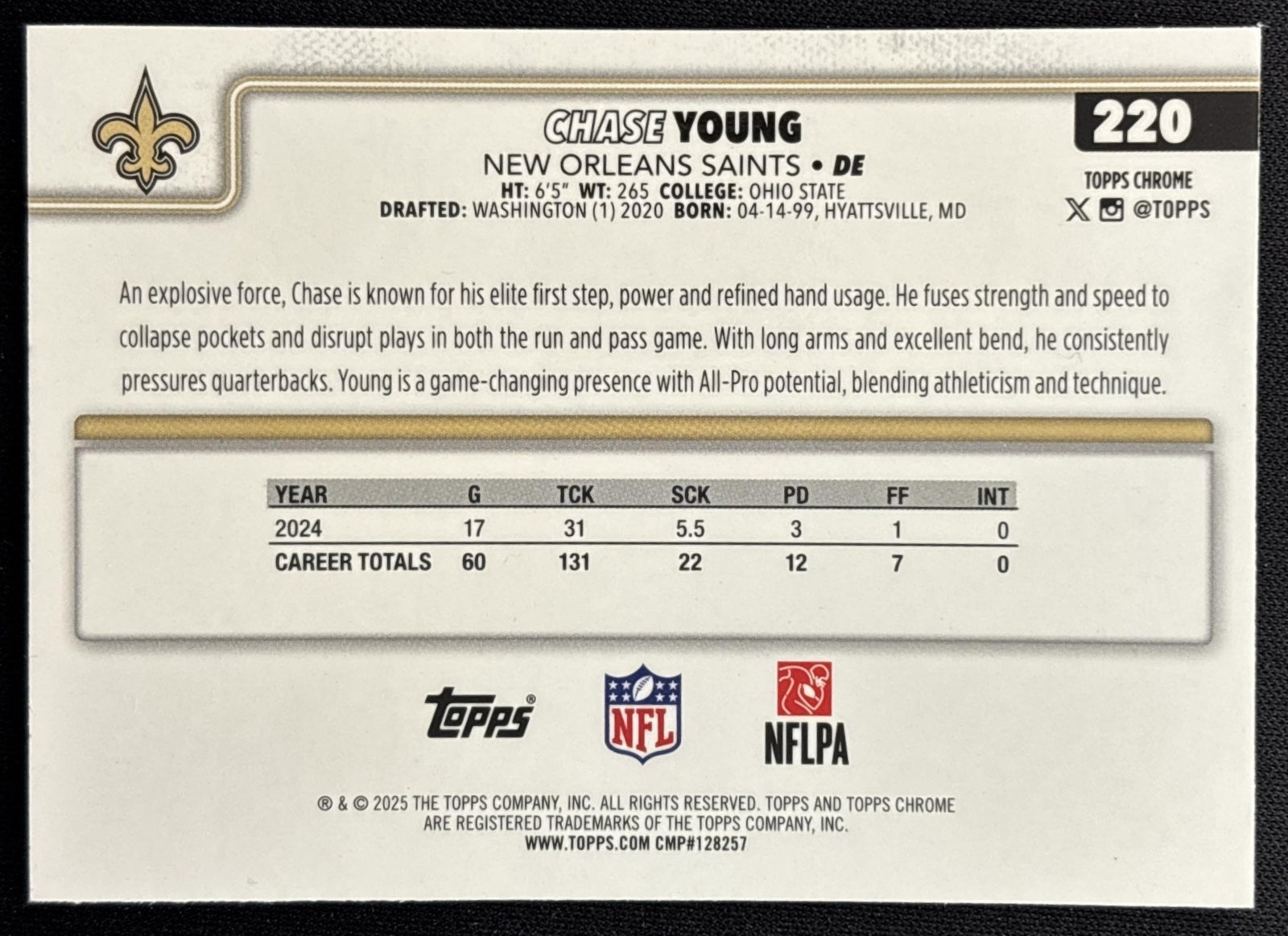Chase Young 2025 Topps Chrome Teal Refractor /299 Saints back