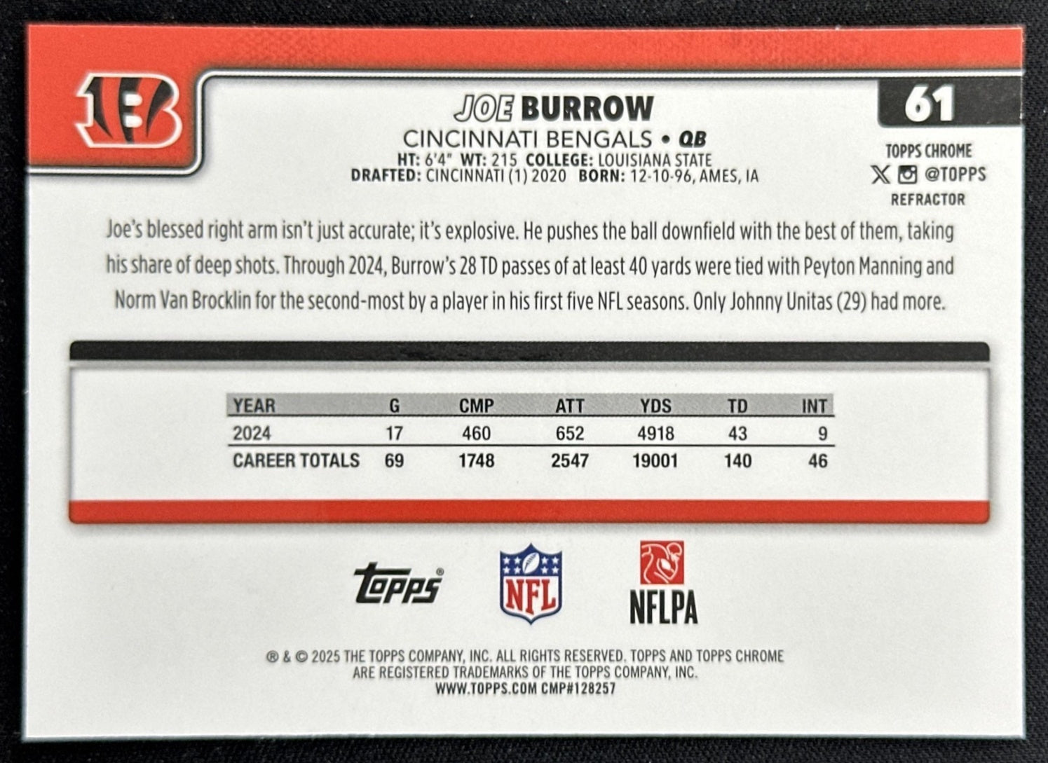 Joe Burrow 2025 Topps Chrome Refractor Bengals