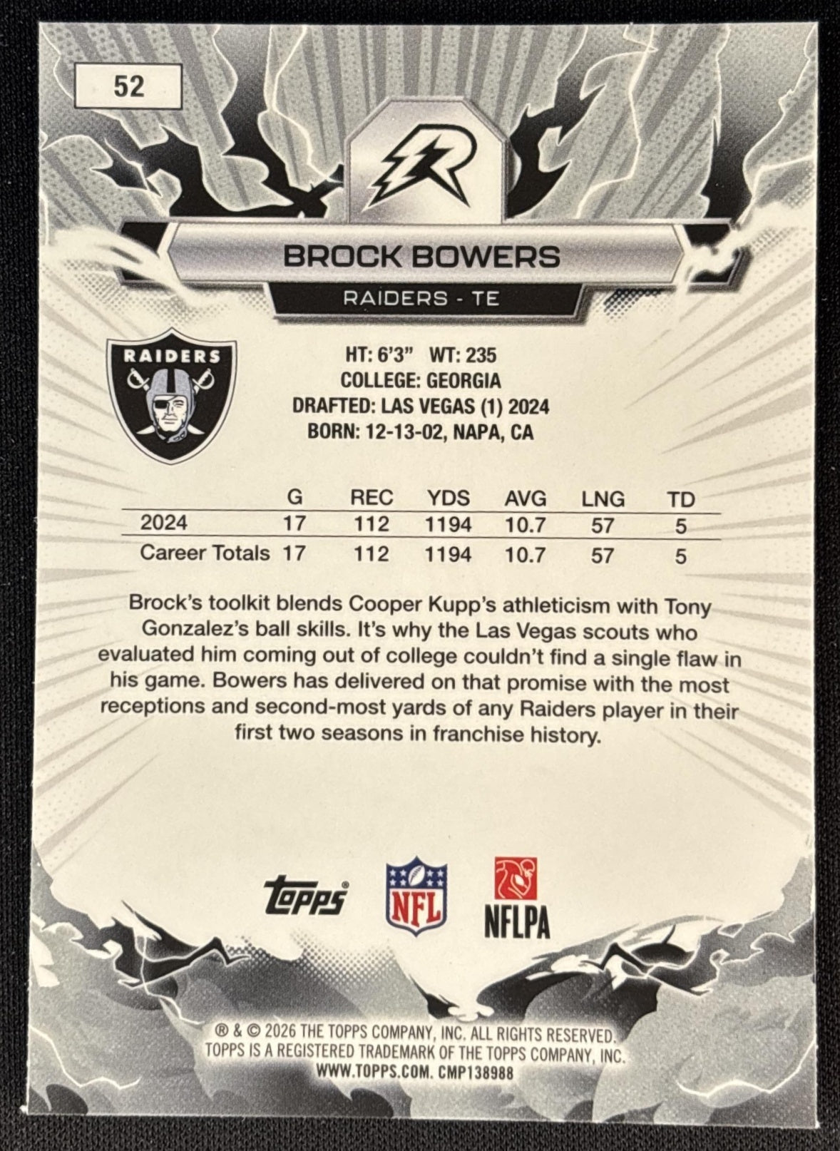Brock Bowers 2025 Topps Resurgence Sky Blue and Pink Shock Refractor Raiders Las Vegas Raiders Sports Trading Cards