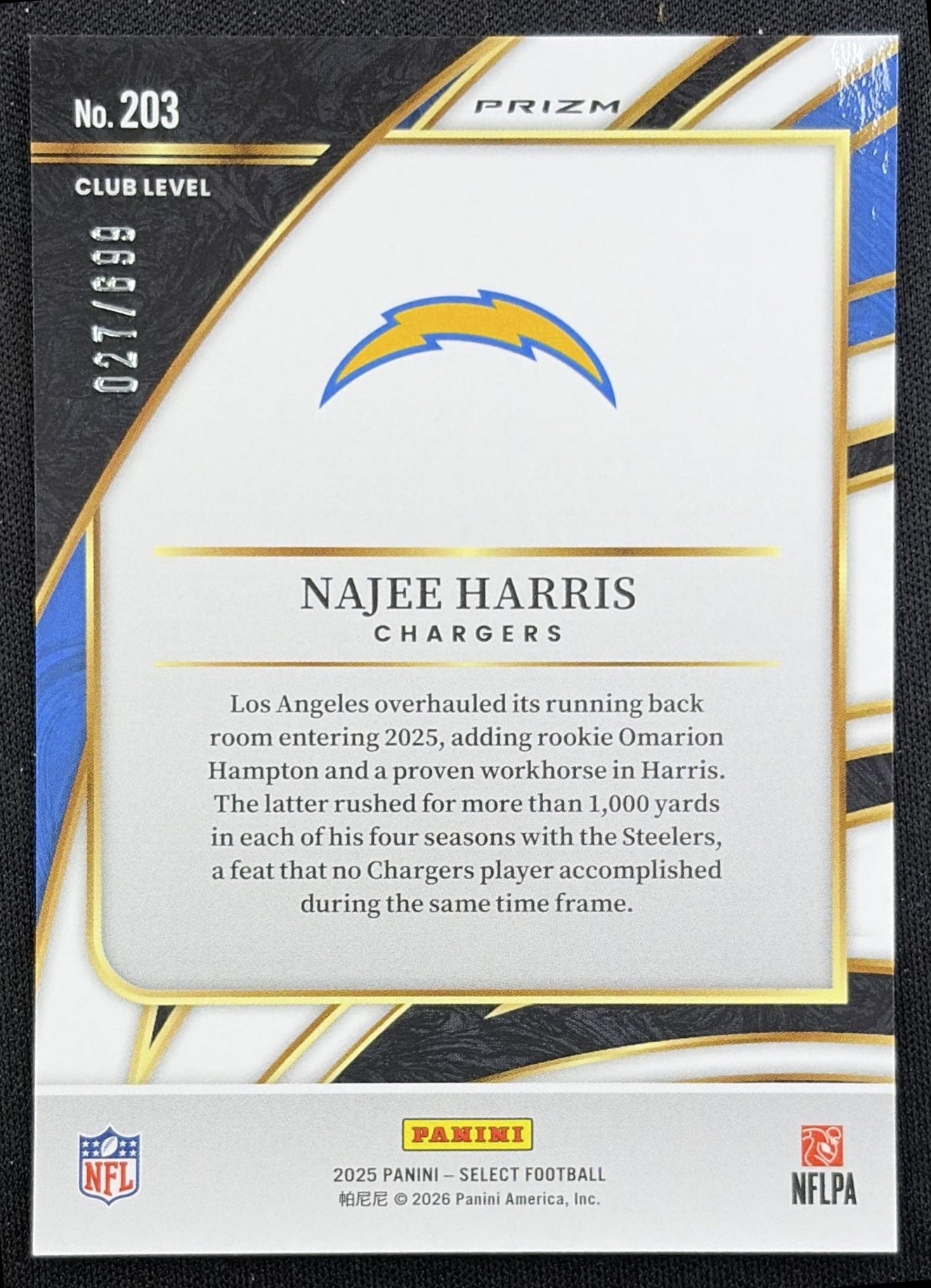 Najee Harris 2025 Panini Select Club Level Neon Green Prizm Shock /699 Chargers