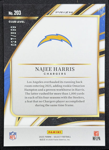Najee Harris 2025 Panini Select Club Level Neon Green Prizm Shock /699 Chargers