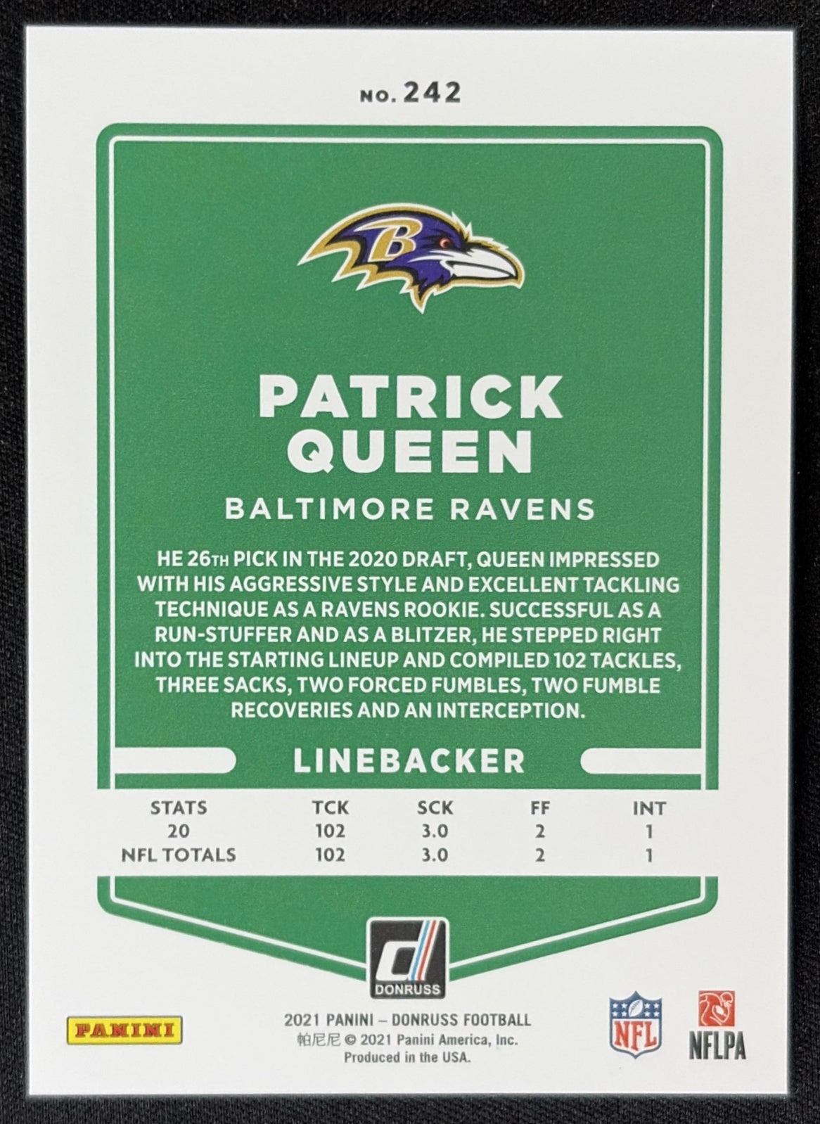 Patrick Queen 2021 Panini Donruss Press Proof Premium Ravens - Baltimore Ravens
