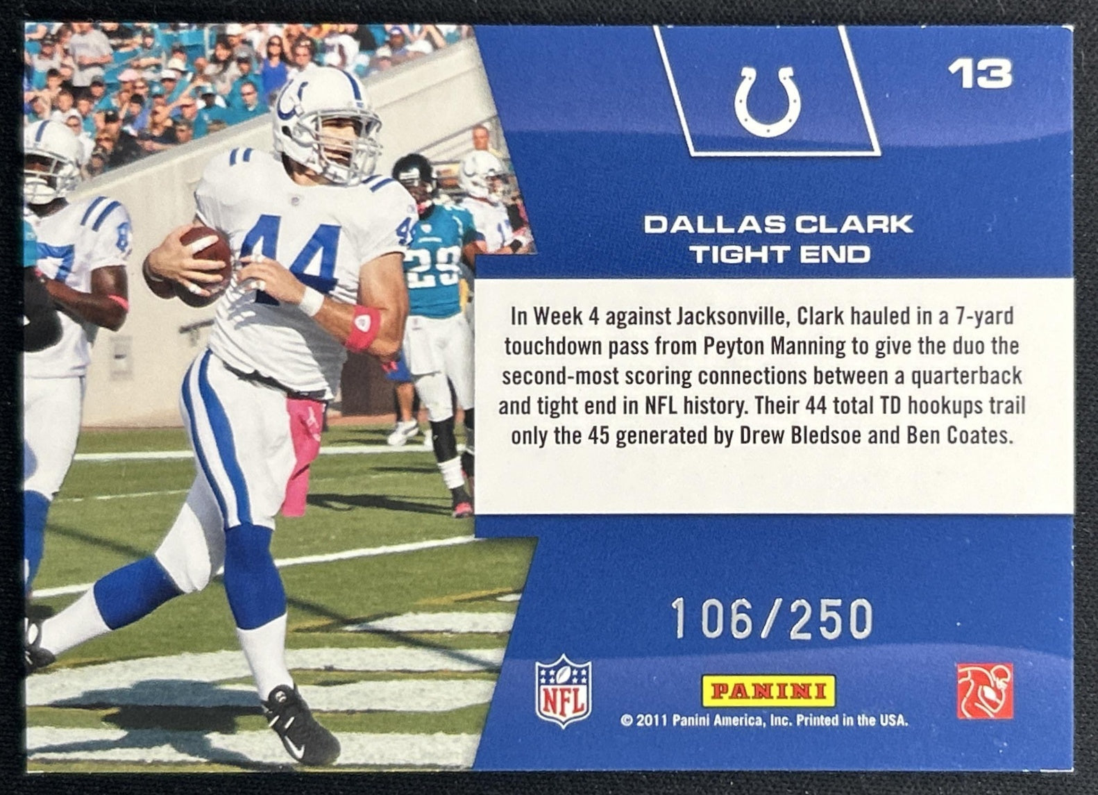 Dallas Clark 2011 Panini Prestige Prestigious Pros Green /250 Colts back