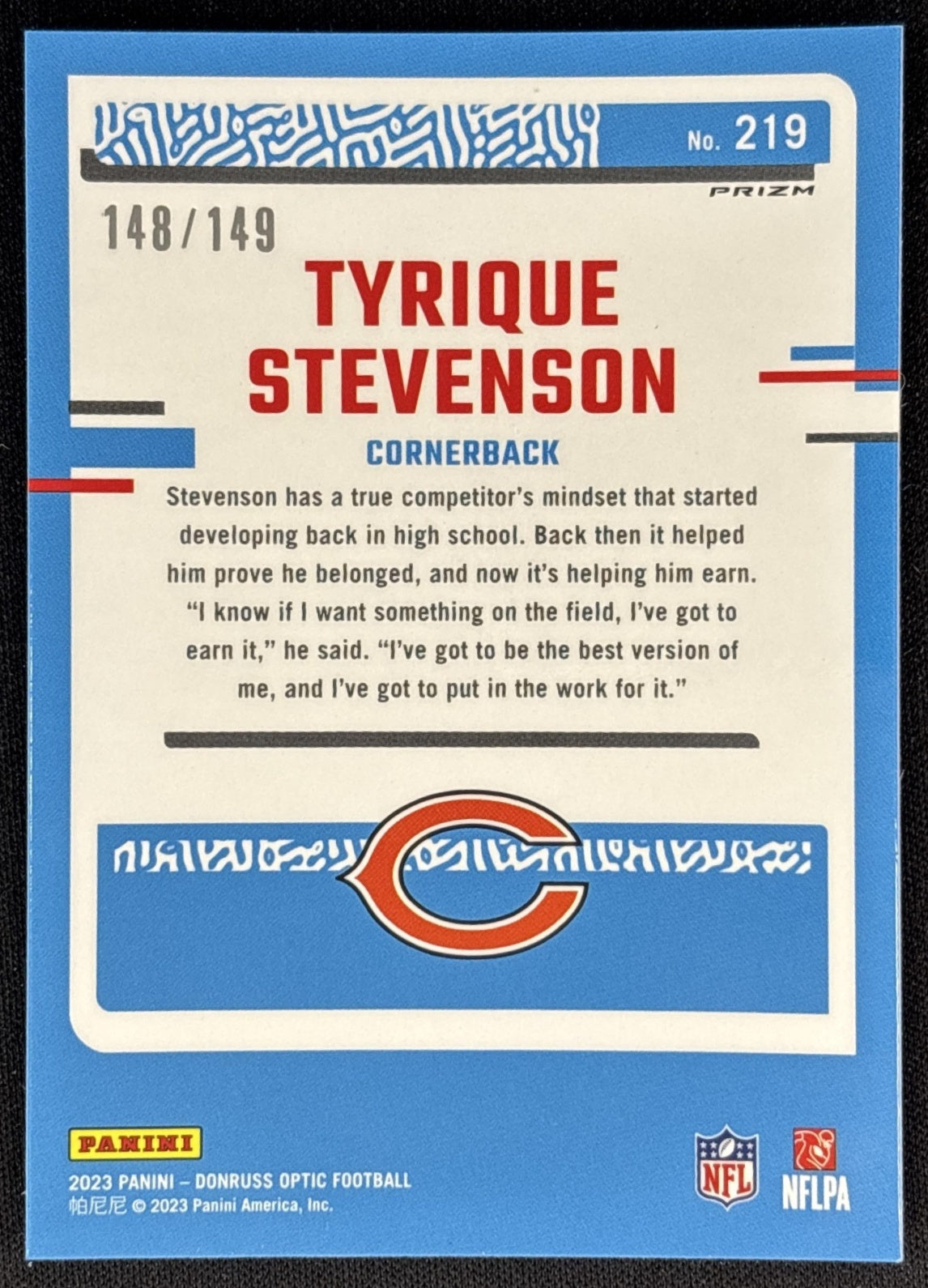 Tyrique Stevenson 2023 Panini Donruss Optic Flex Emoji Prizm /149 Bears back