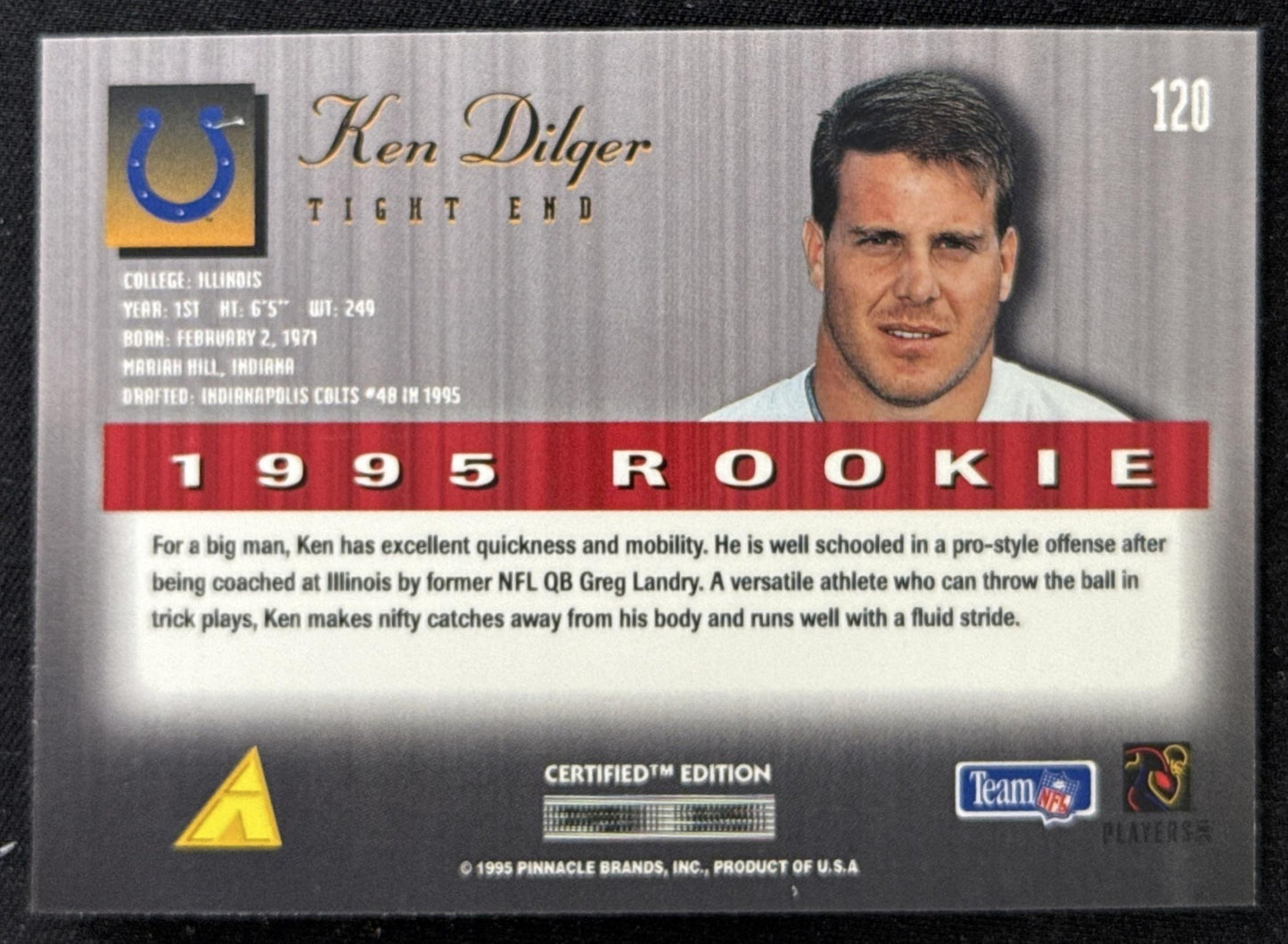 Ken Dilger 1995 Pinnacle Select Certified Colts Sports Trading Card