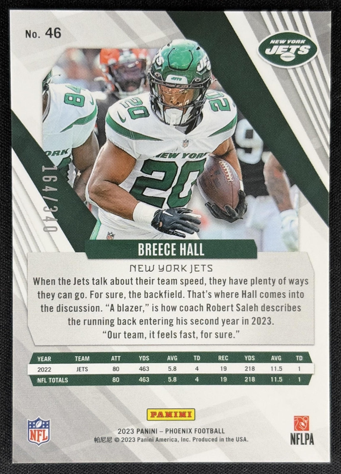 Breece Hall 2023 Panini Phoenix Fire Burst /340 Jets