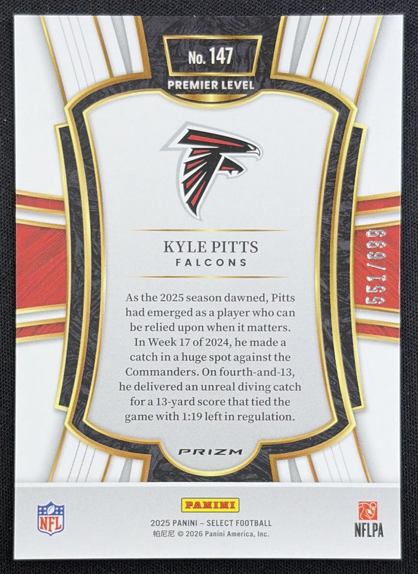 Kyle Pitts 2025 Panini Select Premier Level Purple Prizm Shock /699 Falcons