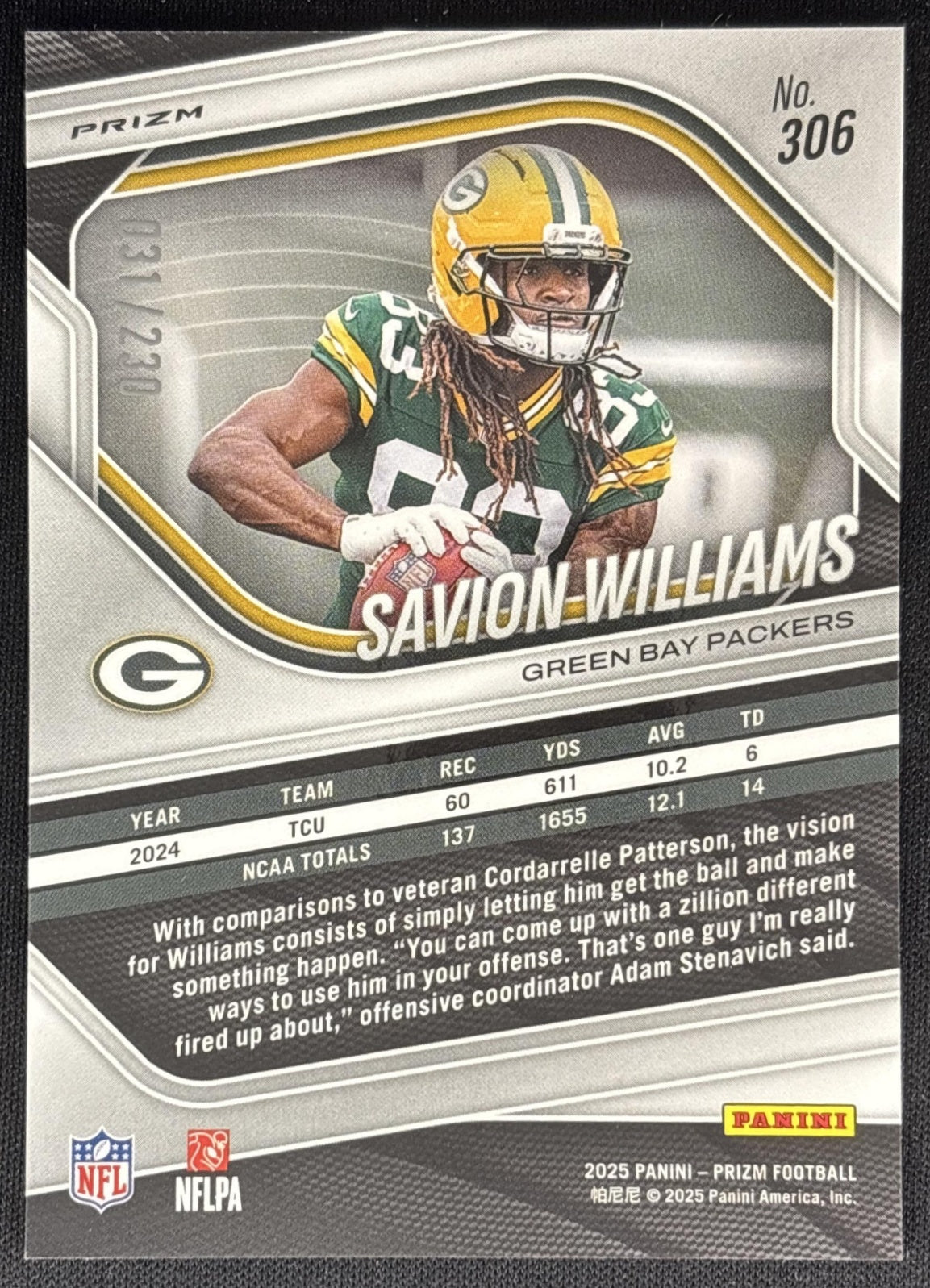 Savion Williams 2025 Panini Prizm Blue Wave /230 Packers Sports Trading Card
