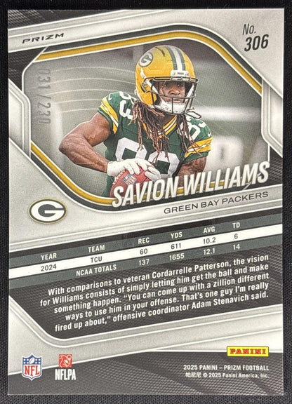Savion Williams 2025 Panini Prizm Blue Wave /230 Packers Sports Trading Card