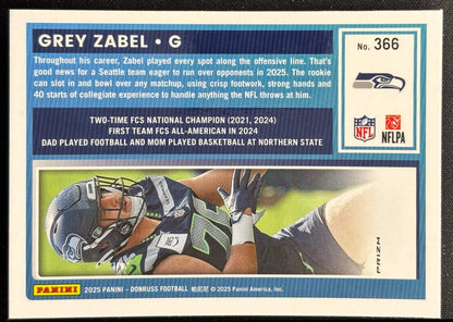 Grey Zabel 2025 Donruss Optic Rated Rookie Preview Red Wave Seahawks back sports trading card
