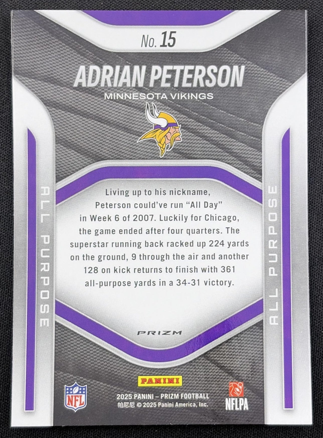 Adrian Peterson 2025 Panini Prizm All Purpose No Huddle Vikings Minnesota Vikings