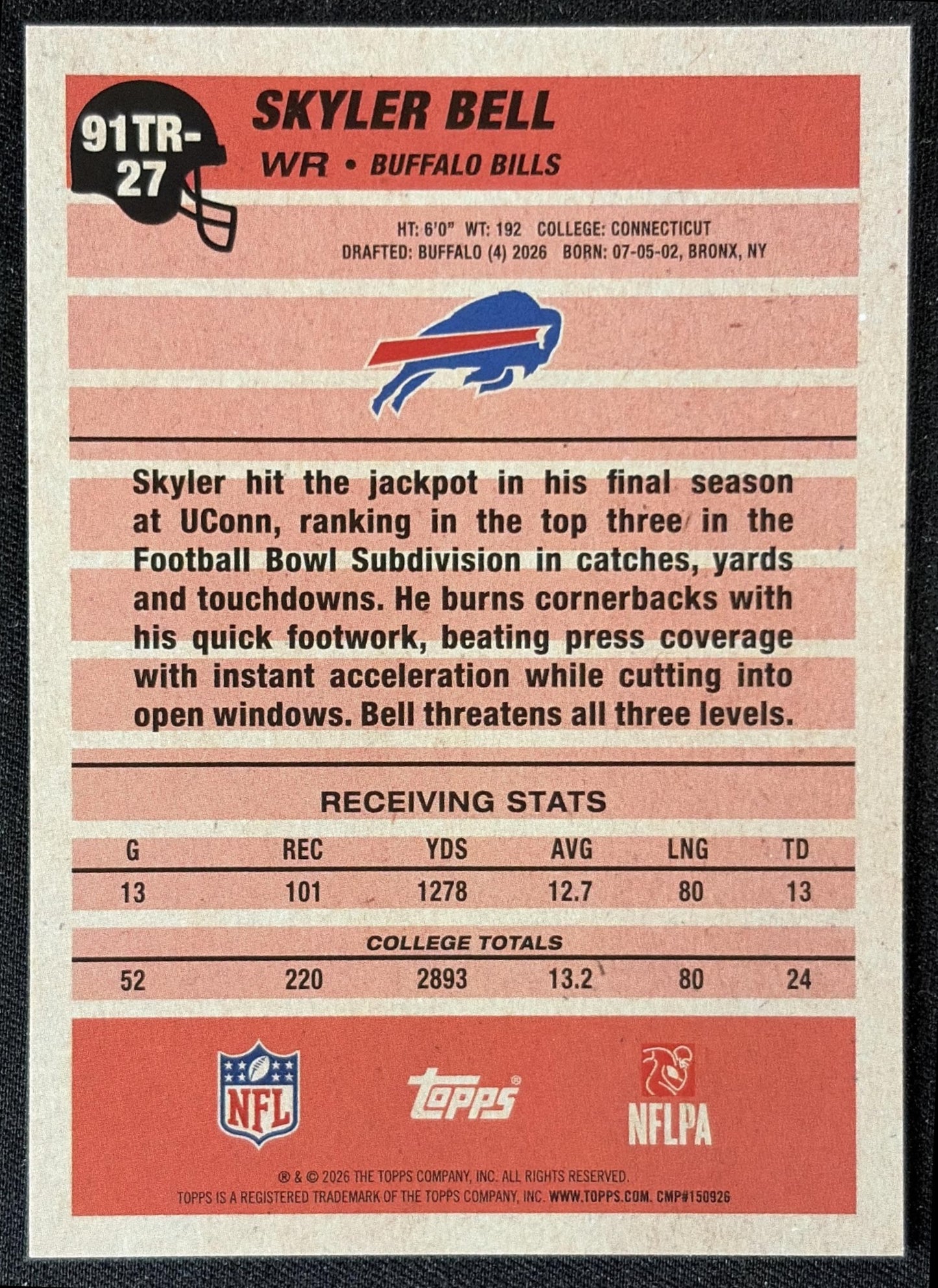 Skyler Bell 2026 Topps 1991 Rookie Bills back