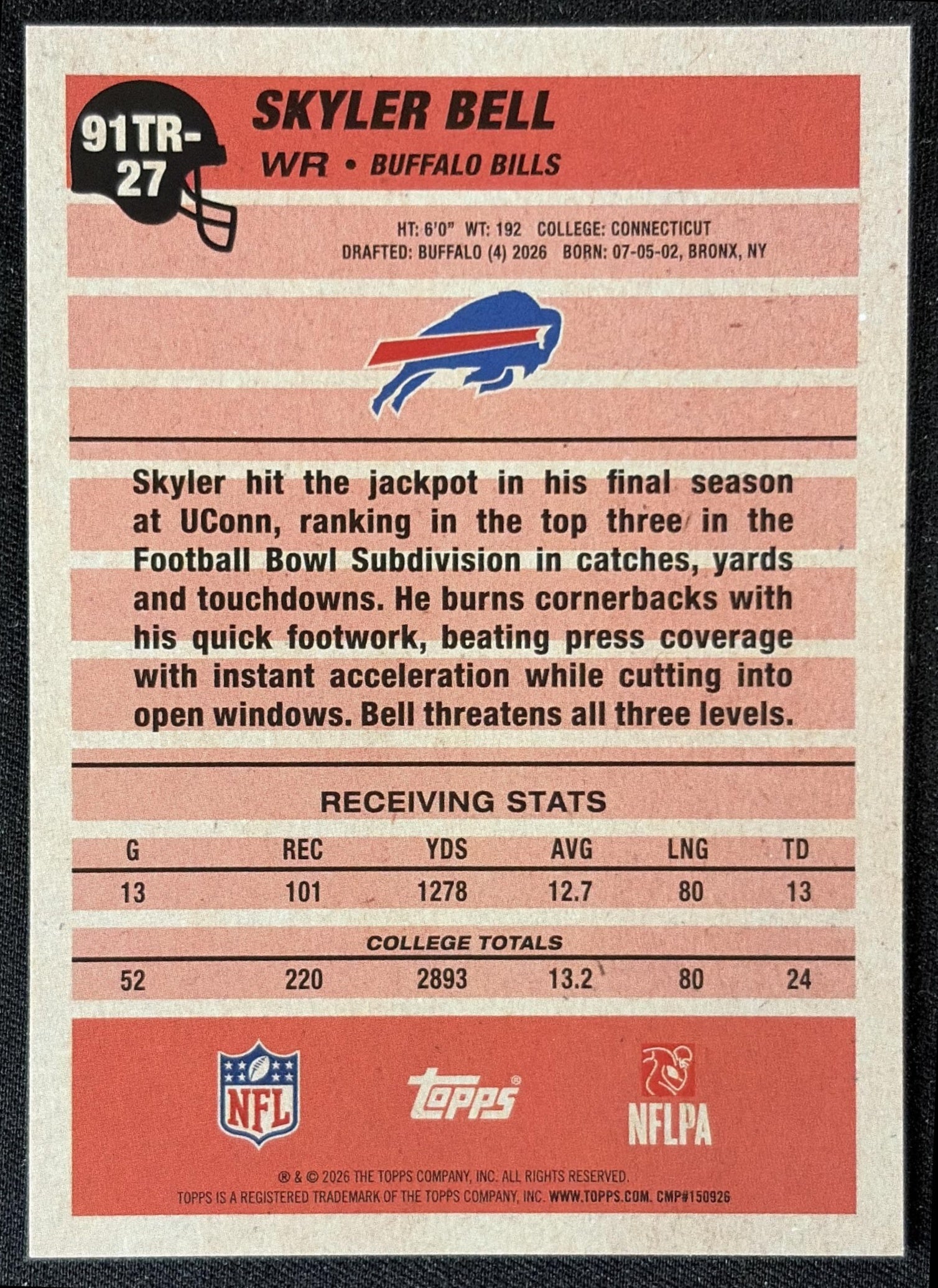 Skyler Bell 2026 Topps 1991 Rookie Bills back