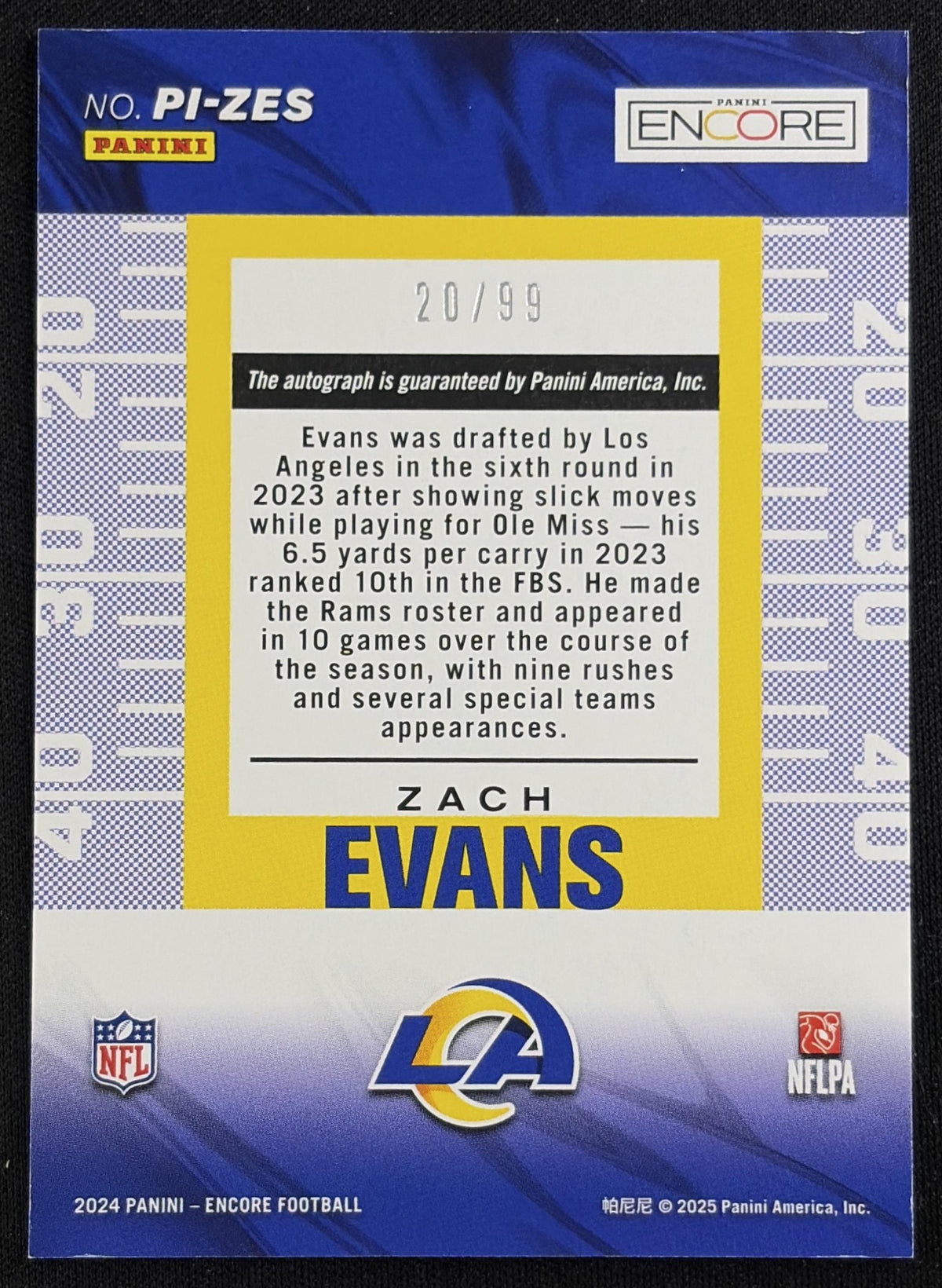 Zach Evans 2024 Panini Encore Pinnacle Inscriptions /99 Rams Sports Trading Card