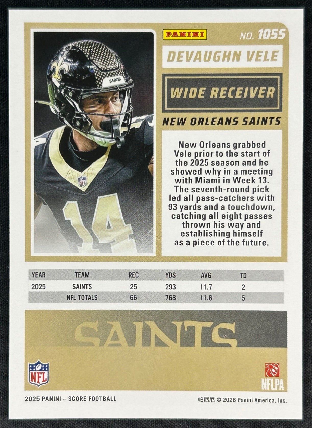 DeVaughn Vele 2025 Score Purple Saints Sports Trading Card
