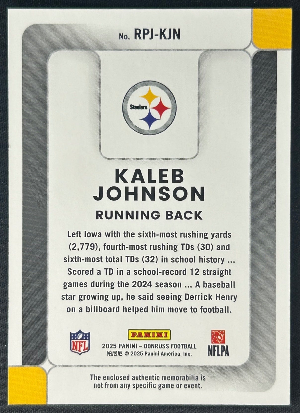 Kaleb Johnson 2025 Donruss Rookie Phenom Jerseys Steelers Sports Trading Card