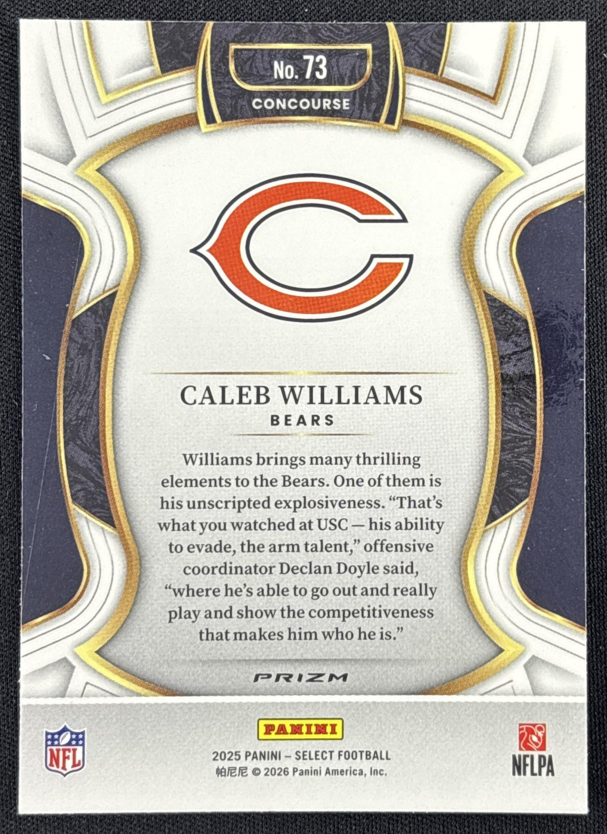 Caleb Williams 2025 Panini Select Concourse Red and Blue Prizm Shock Bears
