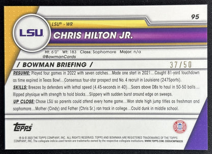 Chris Hilton Jr. 2023 Bowman University Chrome Sapphire Gold /50 Tigers Back