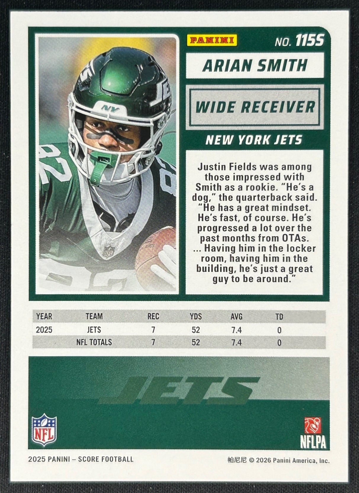 Arian Smith 2025 Score Purple Rookie Jets Sports Trading Cards