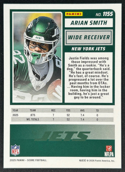 Arian Smith 2025 Score Purple Rookie Jets Sports Trading Cards