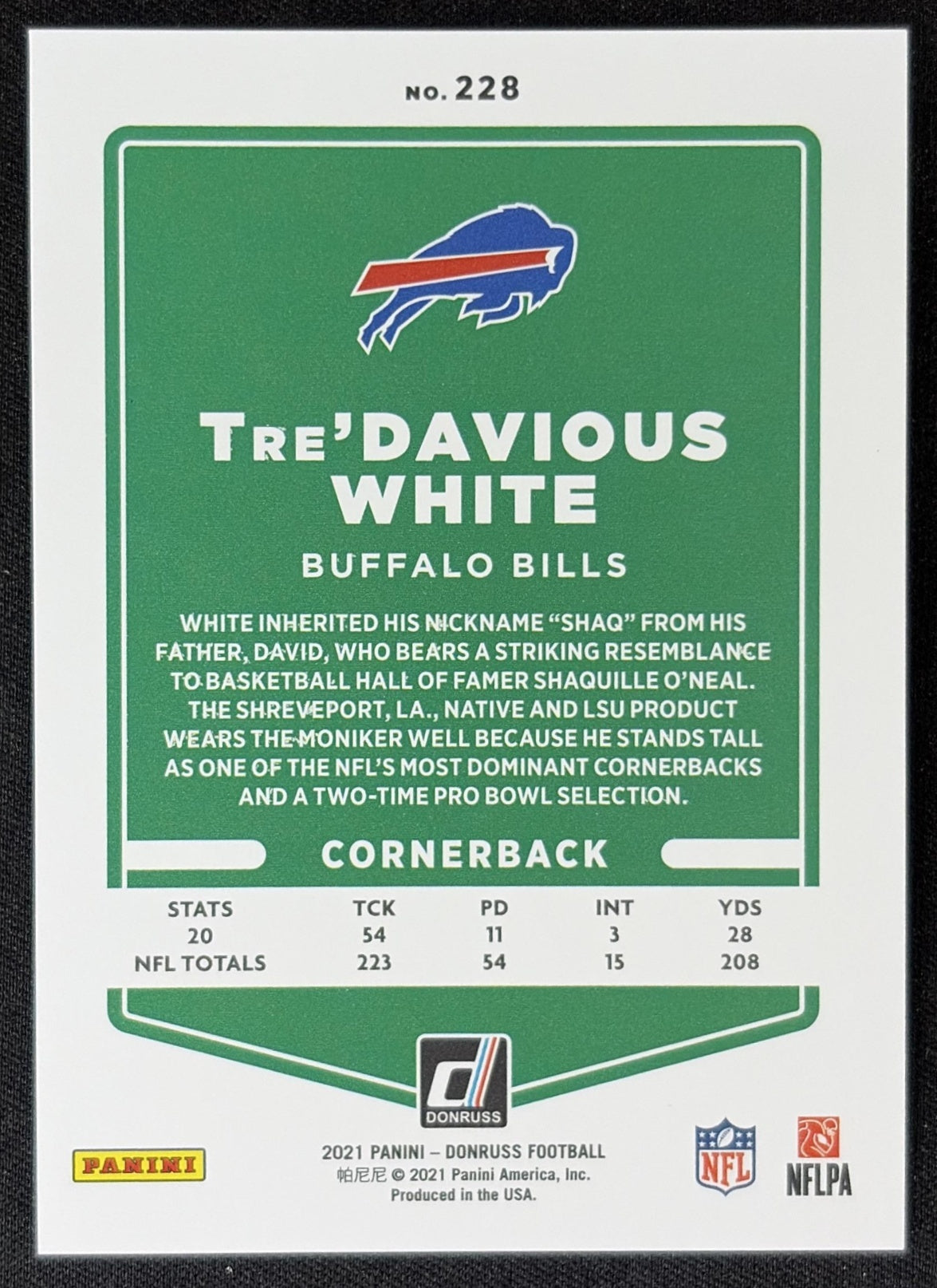 Tre Davious White 2021 Panini Donruss Press Proof Premium Bills - Buffalo Bills