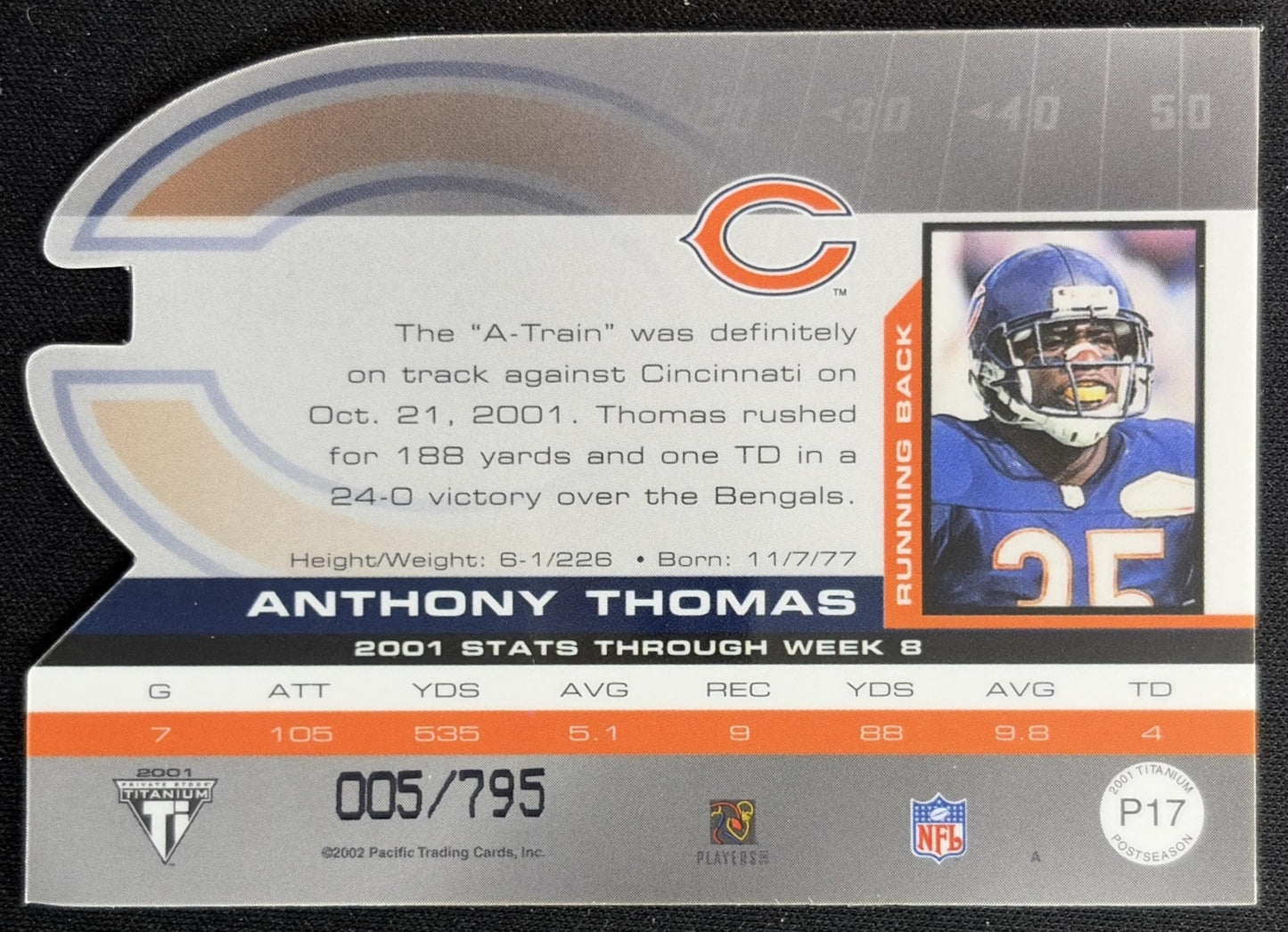 Anthony Thomas 2001 Pacific Private Stock Titanium Postseason Edition /795 Bears back