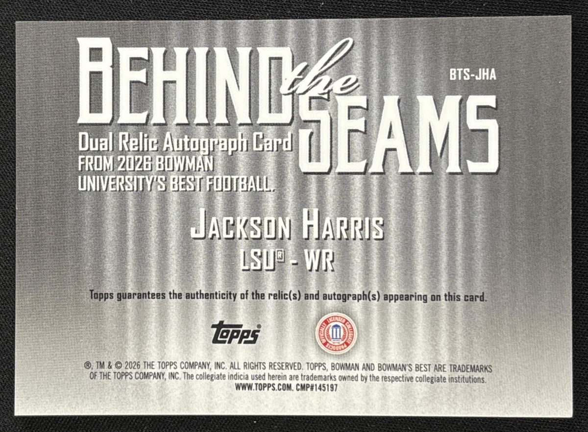 Jackson Harris 2026 Bowman U Best Behind the Seams Dual Relic Auto Purple Lava Refractor /75 Tigers back