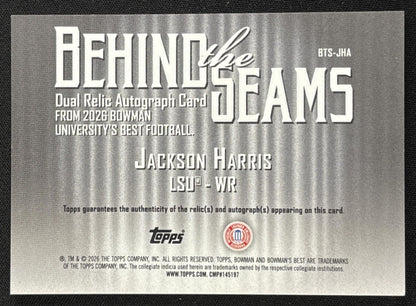 Jackson Harris 2026 Bowman U Best Behind the Seams Dual Relic Auto Purple Lava Refractor /75 Tigers back