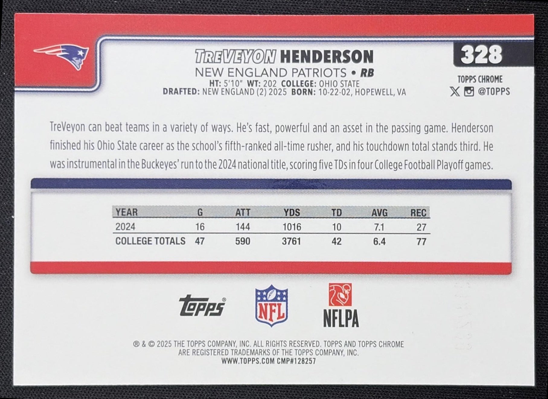 TreVeyon Henderson 2025 Topps Chrome Rookie Teal Wave Refractor /299 Patriots