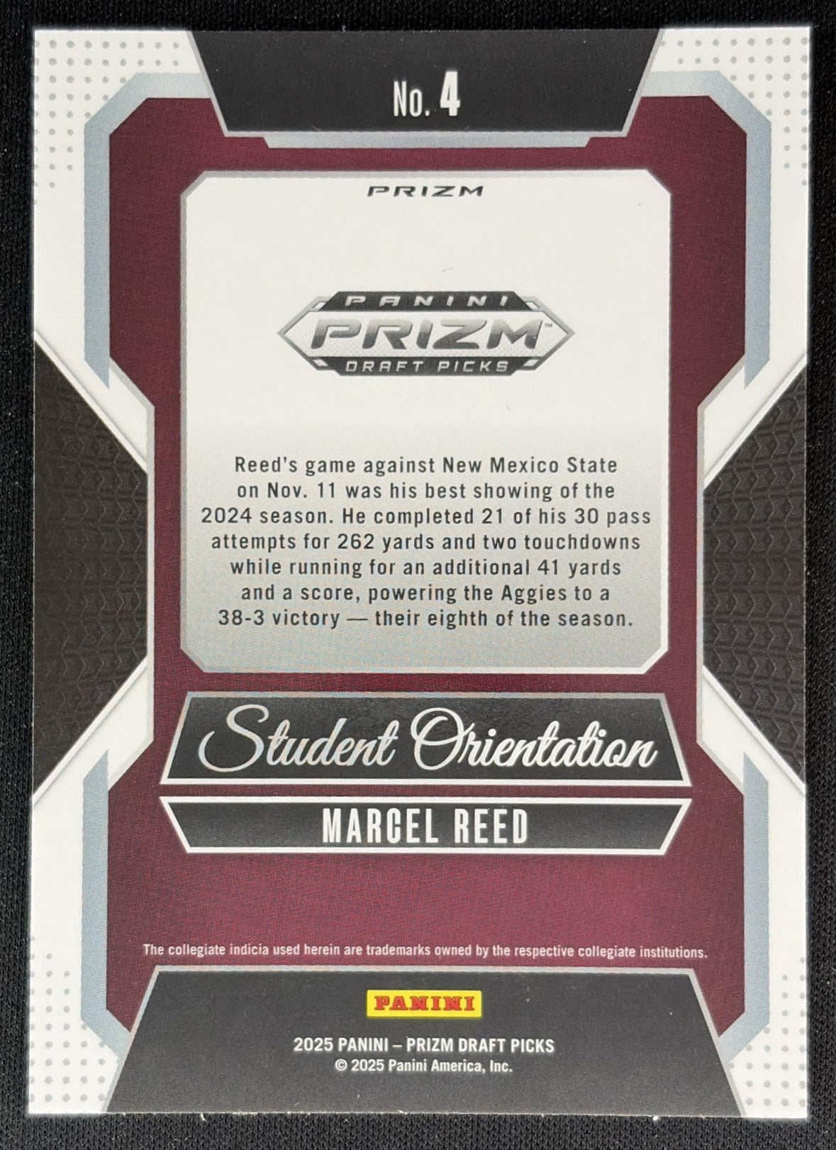 Marcel Reed 2025 Panini Prizm Draft Picks Student Orientation Red Ice Aggies Back