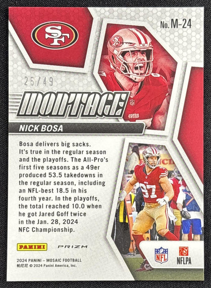 Nick Bosa 2024 Panini Mosaic Montage Purple /49 49ers Sports Trading Card