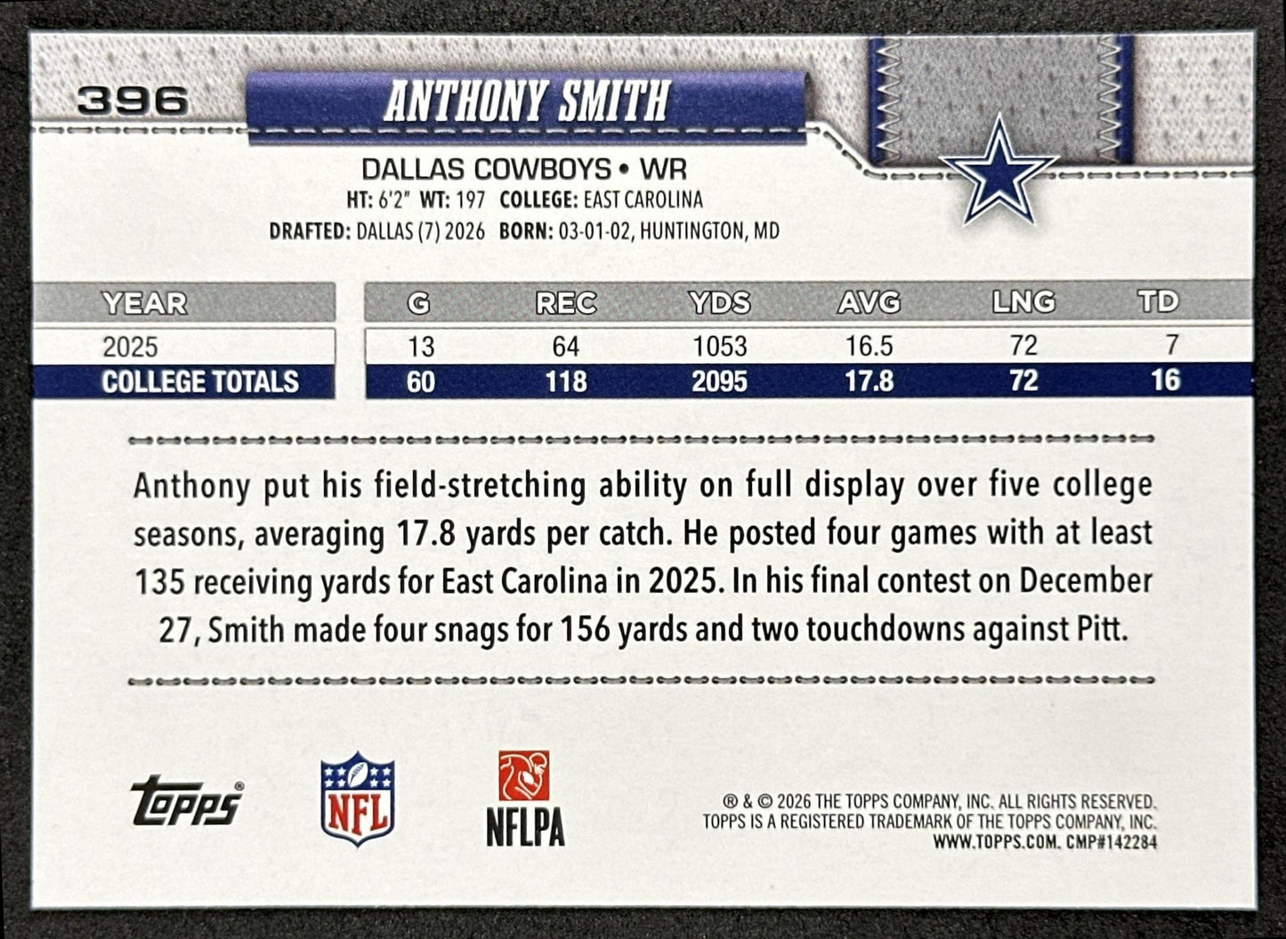 Anthony Smith 2026 Topps Flagship Rookie Cowboys Sports Trading Cards